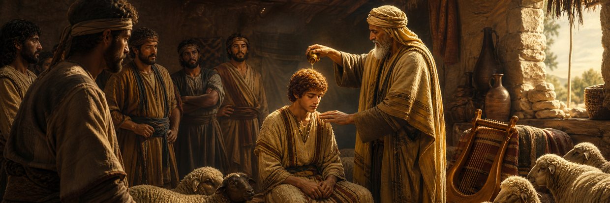 Samuel pouring oil on young David as his older brothers watch